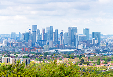 London skyline as seen from the viewing platform of Severndroog Castle, 18th century Gothic tower in Greenwich, London, England, United Kingdom, Europe