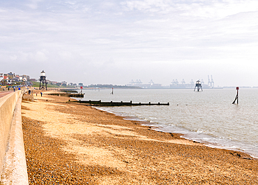 View towards Dovercourt High and Low Lighthouses (Dovercourt Range Lights), built in 1863 to work as leading lights, guiding vessels around Landguard Point, and discontinued in 1917, Harwich, Essex, England, United Kingdom, Europe