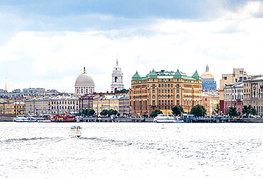 View towards Vasilyevsky Island (Vasilyevsky Ostrov) from Malaya Neva River, Saint Petersburg, Russia, Eurasia