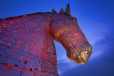 One of the two Kelpies sculptures at night, near Falkirk, Stirlingshire, Scotland, United Kingdom, Europe