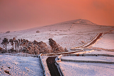 Winter sunset over Cats Tor from Windgather Rocks, near Kettleshulme, Peak District National Park, Cheshire, England, United Kingdom, Europe