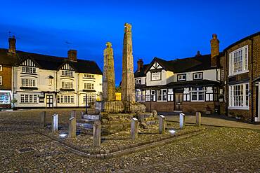 Ancient Saxon Crosses in the Market Place at night, Sandbach, Cheshire, England, United Kingdom, Europe