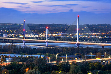 The Mersey Gateway Bridge over the Mersey Estuary at night, near Runcorn, Cheshire and Merseyside border, England, United Kingdom, Europe