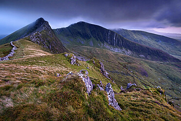 Mynydd Drws y Coed, Trum y Ddysgl and the Nantlle Ridge from Y Garn, Snowdonia National Park, North Wales, United Kingdom, Europe