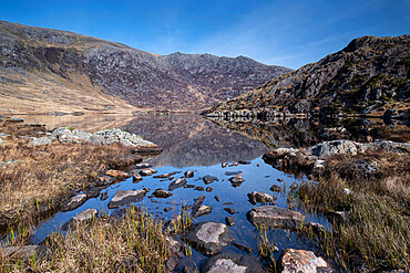 Llyn Cwmffynnon and distant Glyder Fach, The Glyderau, Snowdonia National Park, North Wales, United Kingdom, Europe