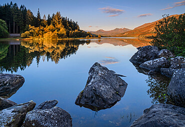 First light on the Snowdon Range over Lynnau Mymbyr, near Capel Curig, Snowdonia National Park, North Wales, United Kingdom, Europe