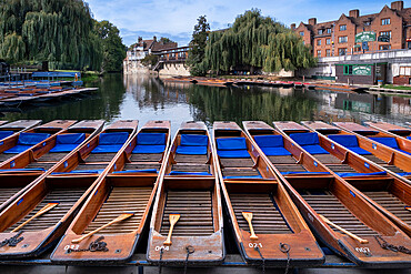 Traditional Punts at Mill Lane Punting Station and the River Cam, Cambridge, Cambridgeshire, England, UK