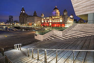 The Liver Building and Pier Head at night, Liverpool Waterfront, Liverpool, Merseyside, England, United Kingdom, Europe