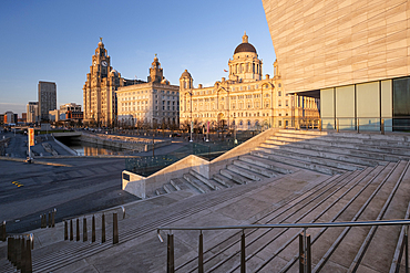 The Liver Building, Cunard Building and Port of Liverpool Building at the Pier Head, Liverpool Waterfront, Liverpool, Merseyside, England, United Kingdom, Europe