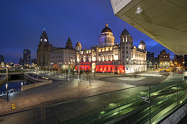 The Liver Building and Pier Head at night, Liverpool Waterfront, Liverpool, Merseyside, England, United Kingdom, Europe