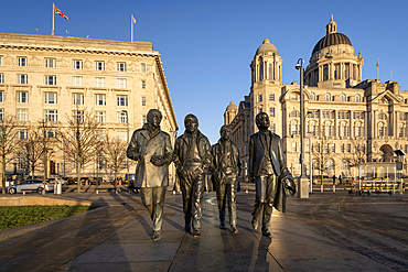 The Beatles Statue at the Pier Head, Liverpool Waterfront, Liverpool, Merseyside, England, United Kingdom, Europe