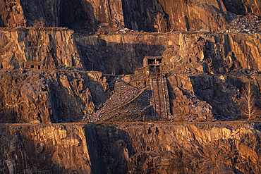 Quarry levels and inclines at sunset, Dinorwic (Dinorwig) Quarry, Eryri, Snowdonia National Park, North Wales, United Kingdom, Europe