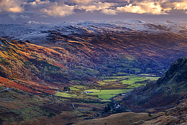 View across Nant Gwynant to the Moelwynion mountains (Moelwyns) in winter, Snowdonia National Park, Eryri, North Wales, United Kingdom, Europe