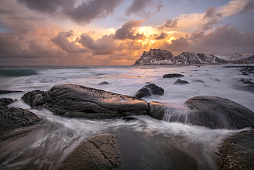 Uttakleiv Beach in winter, Vestvagoya Island, Lofoten Islands, Norway, Scandanavia, Europe