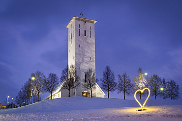 Bjerkvik Church at night in winter, near Narvik, Narvik Municipality, Nordland County, Norway, Scandinavia, Europe