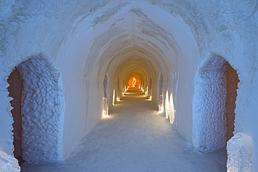 Bedroom Corridor inside the Sorrisniva Igloo Hotel (Ice Hotel), Alta, Arctic Circle, Norway, Scandinavia, Europe