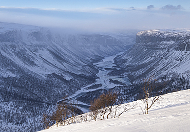 Alta Canyon and the Alta River from the Finnmark Plateau in winter, Finnmark Plateau, near Alta, Arctic Circle, Norway, Scandinavia, Europe