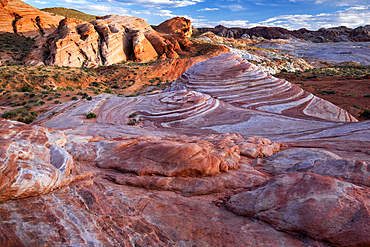 The famous Fire Wave rock formation at sunset, Valley of Fire State Park, Nevada, United States of America, North America