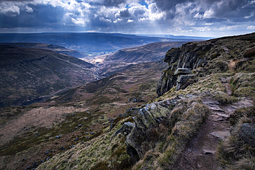 The Pennine Way at Laddow Rocks backed by Crowden Great Brook valley, Peak District National Park, Derbyshire, England, United Kingdom, Europe