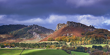 Panoramic view of Hen Cloud and The Roaches in autumn, near Leek, Peak District National Park, Staffordshire Moorlands, Staffordshire, England, United Kingdom, Europe