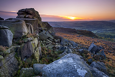 Over Owler Tor looking to the Derwent Valley over Hathersage Moor at sunset, Peak District National Park, Derbyshire, England, United Kingdom, Europe