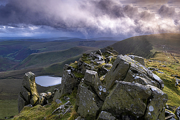 Moel Sych, Llyn Lluncaws and the Nant y Llyn valley from Cadair Berwyn, Berwyn Mountains, Denbighshire, North Wales, United Kingdom, Europe