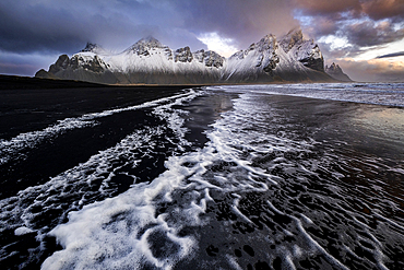 Vestrahorn Mountain and Stokksnes Beach at dawn, Stokksnes Peninsula, Southern Iceland, Europe