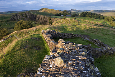 UNESCO World Heritage Site Hadrians Wall and Turret 45A looking east over Walltown Crags, Hadrians Wall, near Greenhead, Northumberland National Park, Northumberland, England, UK