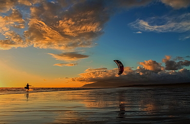 Kitesurfer from Walney Island on the Cumbrian Coast with Black Combe in the distance, Cumbria, England, United Kingdom, Europe