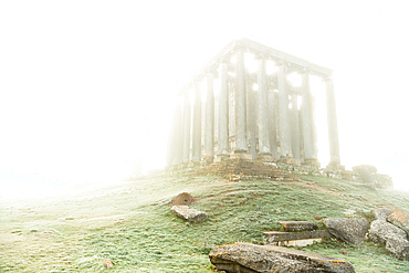 Foggy view of the temple of Zeus in the ancient city of Aizanoi (Aezani), Phrygia, Anatolia, Asia Minor, Turkey, Eurasia