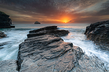 Sunset at Trebarwith Strand, Cornwall, England, United Kingdom, Europe