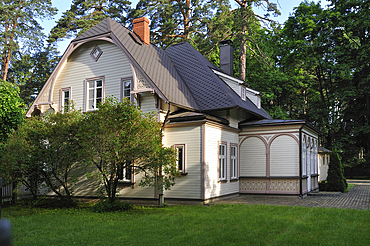 Typical wooden house at Jurmala, Gulf of Riga, Latvia, Baltic region, Europe