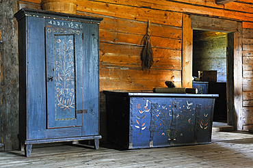 Painted wooden furniture inside n house, traditional fisherman's farmstead of a coastal village, Ethnographic Open-Air Museum near Riga, Latvia, Baltic region, Europe