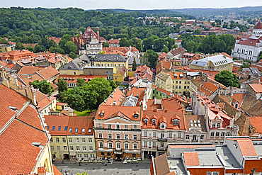 Pilies Street with, in the background, the Church Heritage Museum, St. Anne's Church and the Church of St. Francis and St. Bernard, seen from the tower of St. John's Church, UNESCO World Heritage Site, Vilnius, Lithuania, Europe