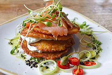 Potato pancakes with smoked salmon and curd, Grey restaurant, Pilies Street 2, Vilnius, Lithuania, Europe