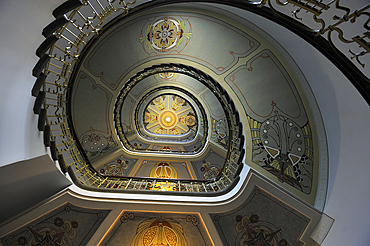 Spiral staircase of the Art Nouveau Museum located in the apartment where the Latvian architect Konstantins Peksens, 1859 to 1928, lived until 1907, Alberta Street, Riga, Latvia, Baltic region, Europe