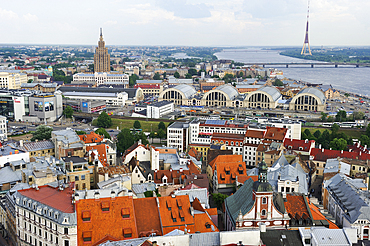 Aerial view over the Dauvaga River and the Central Market from St. Peter's church tower, Riga, Latvia, Baltic region, Europe