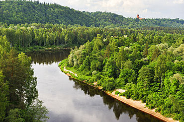 Gauja River with the Turaida Castle in background, around Sigulda, Gauja National Park, Vidzeme Region, Latvia, Baltic region, Europe