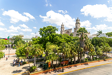 Raised view of Cathedral Church over Plaza Grande in city centre, Merida, Yucatan State, Mexico, North America