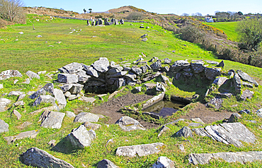 Fulacht fiadh water trough and fireplace building at Drombeg stone circle, County Cork, Munster, Republic of Ireland, Europe