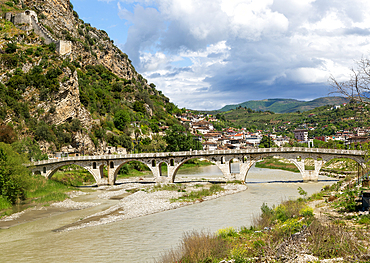 Historic Ottoman period Gorica bridge crossing River Osum, Berat, Albania, Europe