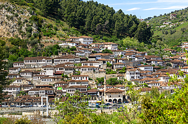 Ottoman architecture of buildings in the Mangalemi quarter of Berat, UNESCO World Heritage Site, Albania, Europe