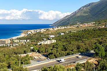 Large scale tourist development construction building work, Drymades Beach, Ionian Sea, Albanian Riviera, Dhermi, Albania, Europe