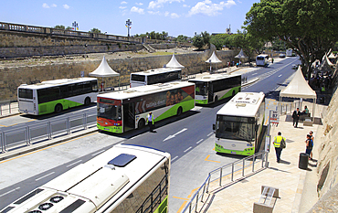 Buses at city centre bus station city of Valletta, Malta, Mediterranean, Europe