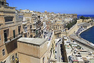 Historic buildings on the Grand Harbour waterfront in Valletta, Malta, Mediterranean, Europe