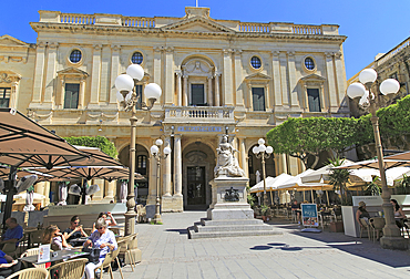 National Library building, Queen Victoria statue and cafes in Republic Square, Valletta, Malta, Mediterranean, Europe