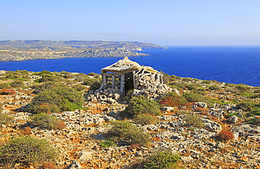 Coastal scenery vegetation, blue sea looking south from Res il-Qammieh, Marfa Peninsula, Republic of Malta, Mediterranean, Europe