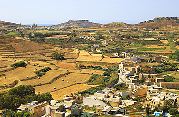 Rural landscape view from Rabat Victoria west towards Gharb, Gozo, Malta, Mediterranean, Europe