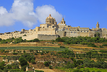 View of walled city of Mdina, with dome of Saint Paul's Cathedral under scaffolding, Mdina, Malta, Mediterranean, Europe