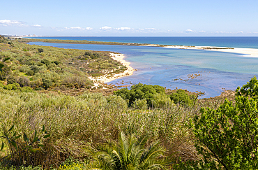 Coastal wooded landscape of pristine beaches and lagoon behind offshore sandbar, Cacela Velha, Vila Real de Santo Antonio, Ria Formosa Natural Park, Algarve, Portugal,  Europe